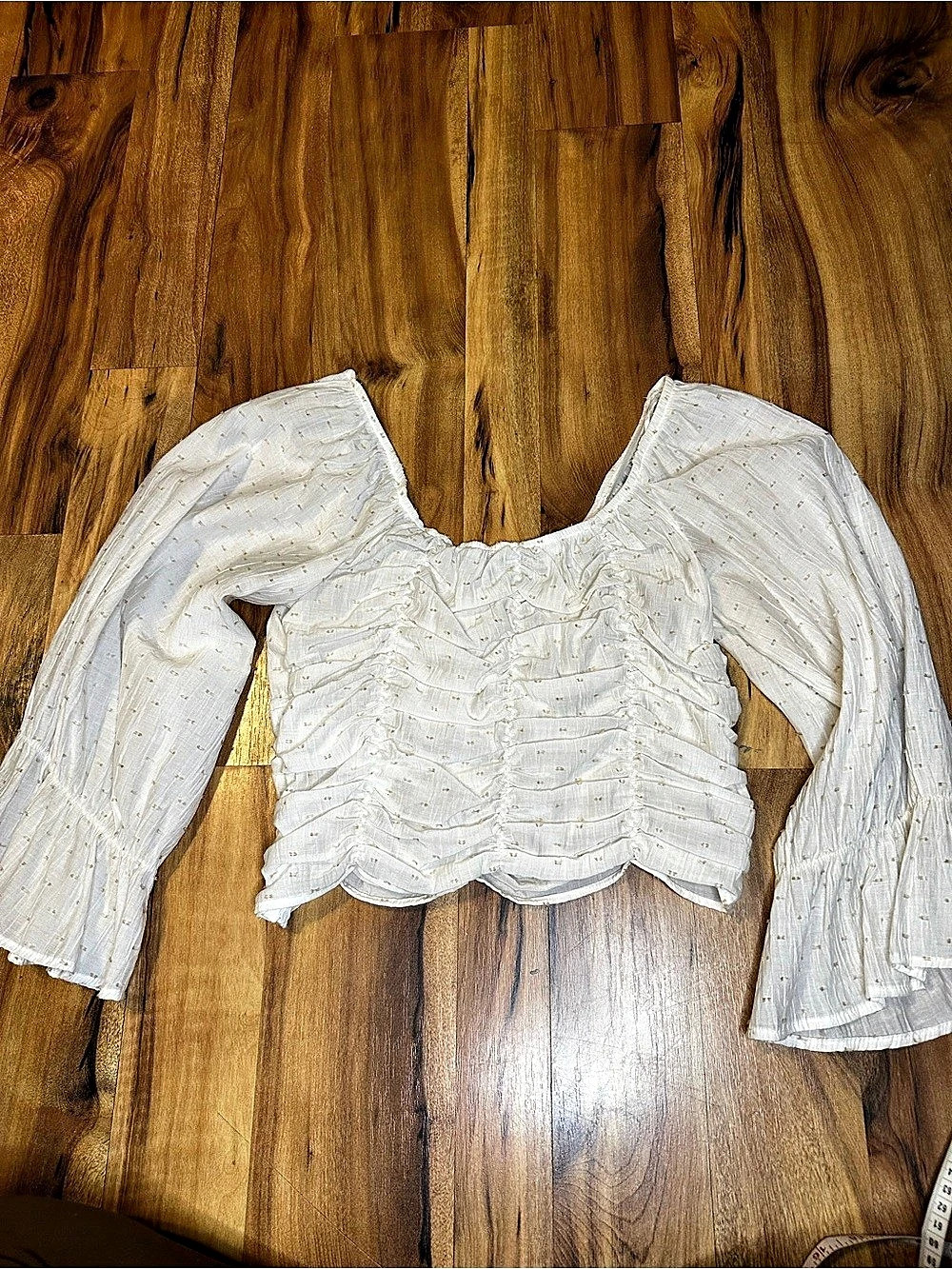 Zara M Ivory Swiss Dot Ruched Crop Top Bell Sleeve Square Neck Boho Cottagecore - Picture 4 of 9